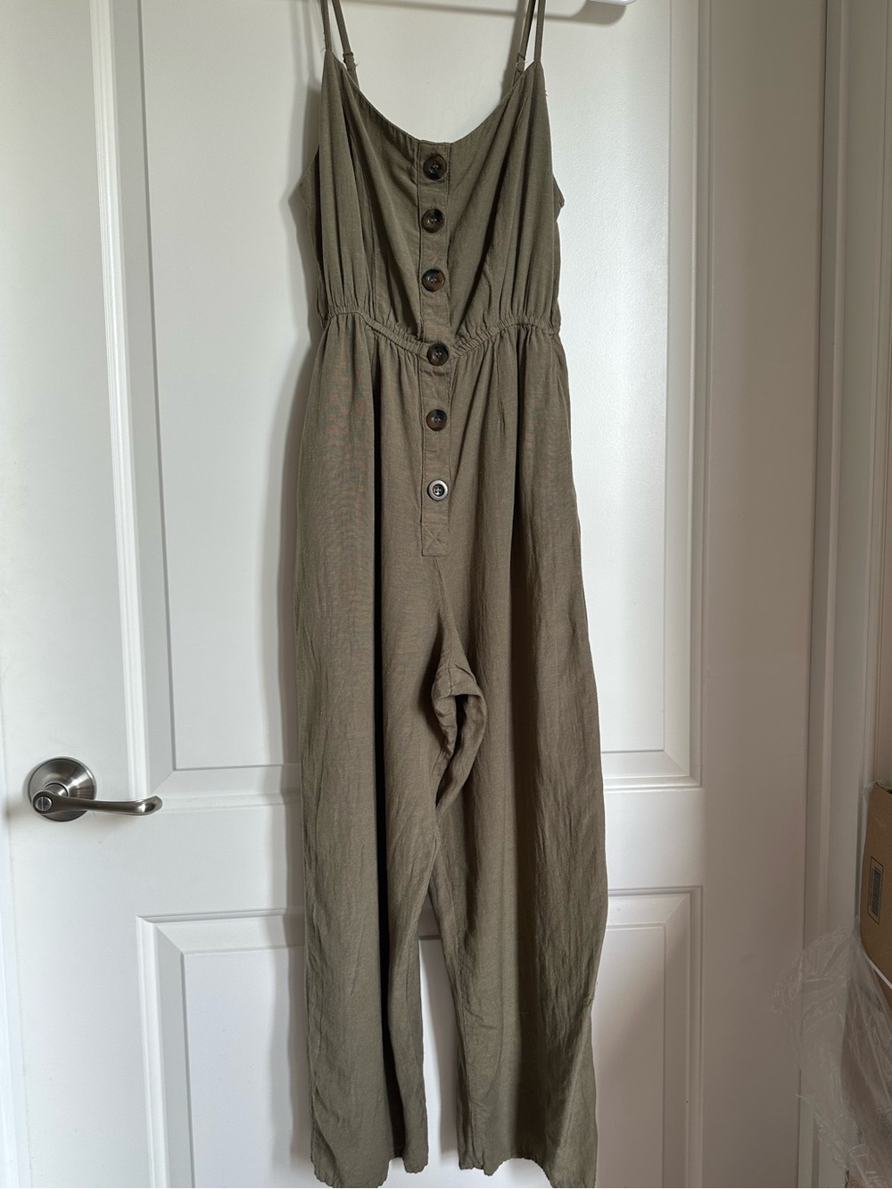 indulge Olive Green Button-Front Linen-Blend Jumpsuit